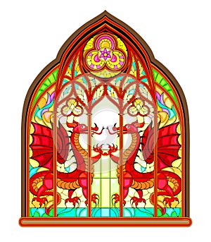 Beautiful colorful medieval stained glass window. Gothic architectural style with pointed arch. Painting of ancient legendary red