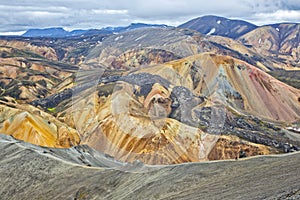 Beautiful and colorful mountain landscape in Landmannalaugar, Iceland. Travel and scenic places to hike