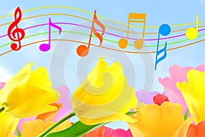 Beautiful colorful Music notes in sky and flower background