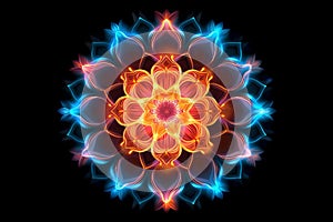 beautiful colorful neon glowing fire and ice Mandala . Spiritual generative AI