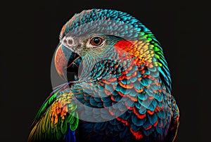 Beautiful colorful parrot isolated on black background. Close up.  Generative AI