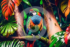 Exotic Parrot perched on a trunk in the jungle, Illustration, Generative AI photo