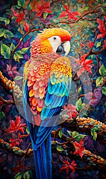 Beautiful colorful parrot on tree branch in tropical forest.