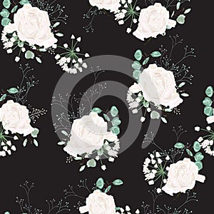 Beautiful Colorful pastel seamless pattern with roses, eucalyptus, on the black background.