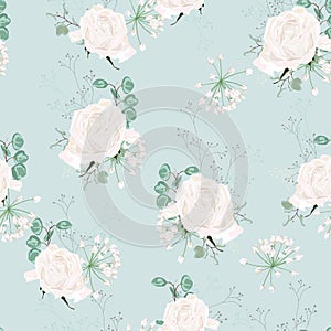 Beautiful Colorful pastel seamless pattern with roses, eucalyptus, on the blue background.