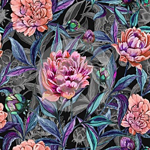 Beautiful colorful peony flowers with leaves, buds and gray outlines on black background. Seamless floral pattern.