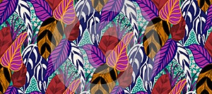 Beautiful Colorful Retro Hand Drawn Leaves, Tropical Palm Forest, Sketch Mood Pattern.