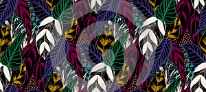 Beautiful Colorful Retro Hand Drawn Leaves, Tropical Palm Forest, Sketch Mood Pattern.