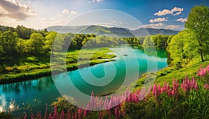 Beautiful colorful spring landscape with river and a green highlans valley