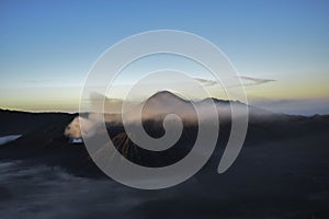 Beautiful colorful sunrise over Mount Bromo and wild island in Mount Bromo National Park