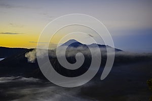 Beautiful colorful sunrise over Mount Bromo and wild island in Mount Bromo National Park