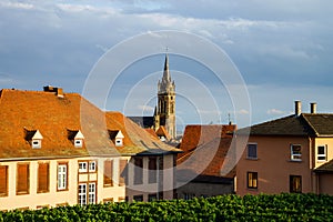 Beautiful colorful sunset over alsacien village Dambach-la-Ville