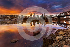 A beautiful sunset over downtown Portland Oregon waterfront along Willamette River