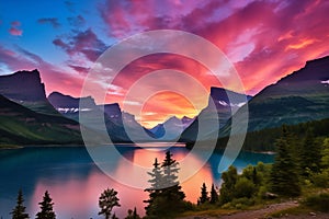 Beautiful colorful sunset over St. Mary Lake and wild goose island in Glacier national park photo