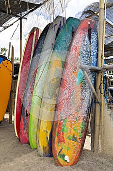 Beautiful colorful surfboards in Canggu, Bali