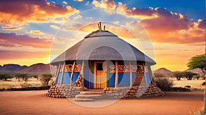 A beautiful colorful traditional ethnic African round hut of the Ndbele tribe in a village in South Africa