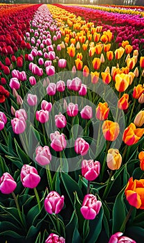 beautiful colorful tulip field in Netherlands, vibrant and vivil flowers garden outdoor in Holland aerial view