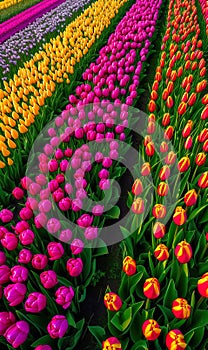 beautiful colorful tulip field in Netherlands, vibrant and vivil flowers garden outdoor in Holland aerial view