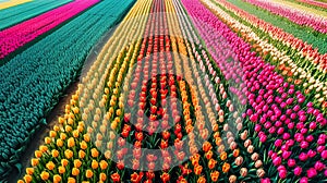 beautiful colorful tulip field in Netherlands, vibrant and vivil flowers garden outdoor in Holland aerial view