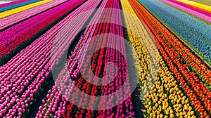 beautiful colorful tulip field in Netherlands, vibrant and vivil flowers garden outdoor in Holland aerial view