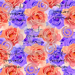 Beautiful Colorful Watercolor Rose Floral Seamless Pattern Background. Elegant illustration with pink and yellow flowers.