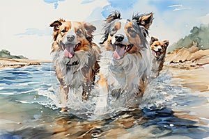 Beautiful and colorful watercolors of dog puppies