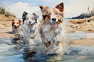 Beautiful and colorful watercolors of dog puppies
