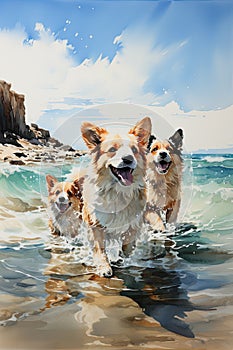 Beautiful and colorful watercolors of dog puppies