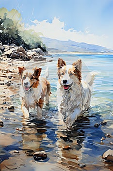 Beautiful and colorful watercolors of dog puppies