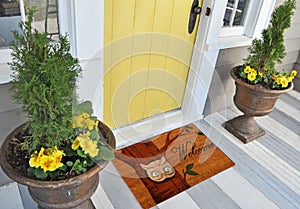 Beautiful Colorful Welcome zute doormat with Tree and Night Owl outside home with yellow flowers and leaves