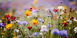 Beautiful colorful wild spring flowers on field, on sunny day.