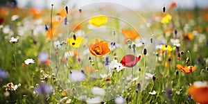 Beautiful colorful wild spring flowers on field, on sunny day.