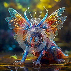 Beautiful colorful winged fantasy lizzard creature standing