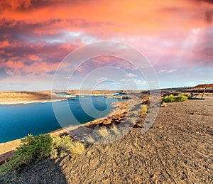 Beautiful colors of Lake Powell and Glen Canyon Dam, Arizona