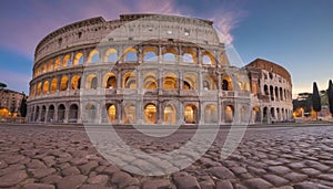 Beautiful Colosseum in Rome, Italy at dusk. Panorama. Generative AI