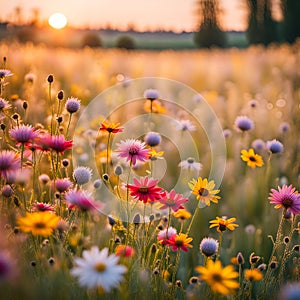 Beautiful colouful flowers on sunset time photo