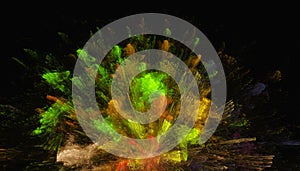 Beautiful colour background of glowing particles and circles with depth of field and bokeh. 3d illustration, 3d render