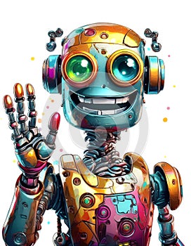 A beautiful coloured cartoon character metal robot waving to the camera, isolated on white background.