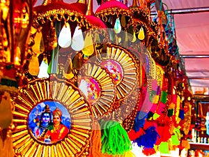 Beautiful and colourful devotional decorative are in a shop