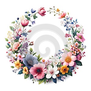 Beautiful colourful flower wreath on white background