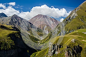 Beautiful colourful mountains viewed from the Russia Georgia Friendship Monument in Kazbegi, Georgia