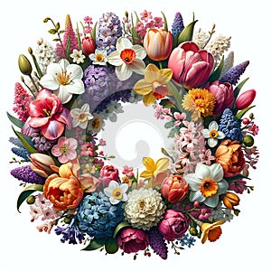 Beautiful colourful wreath on with spring flowers