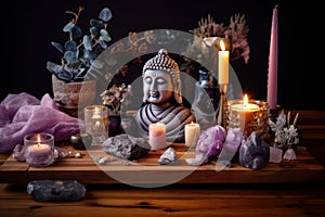 Beautiful composition with Buddha statue, candles, purple gemstones and dried flowers. Generative AI