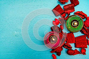 Beautiful composition with burning candles on wooden background