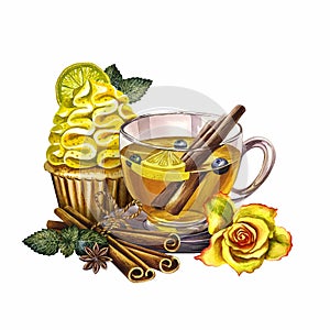 Beautiful composition with fragrant tea, lemon and cinnamon. Glass cup with vitamin tea for colds. Watercolor hand drawn