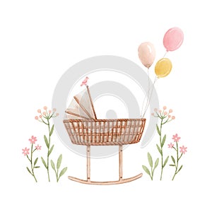 Beautiful composition with hand drawn watercolor baby cradle crib air baloons and flowers. Stock clip art illustration