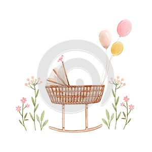 Beautiful composition with hand drawn watercolor baby cradle crib air baloons and flowers. Stock clip art illustration photo
