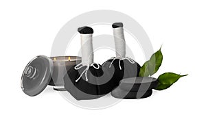 Beautiful composition with herbal bags, candle and spa stones on white background