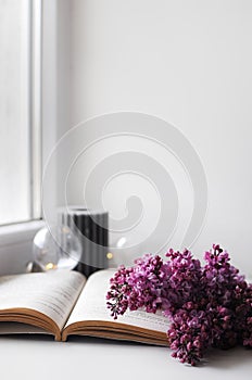 Beautiful composition with opened book and lilac flowers. Romantic wallpaper.