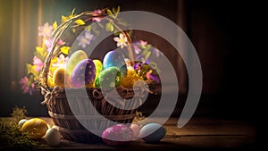 Beautiful composition of painted Easter eggs and an Easter basket decorated with wild flowers and grass is located on oak boards